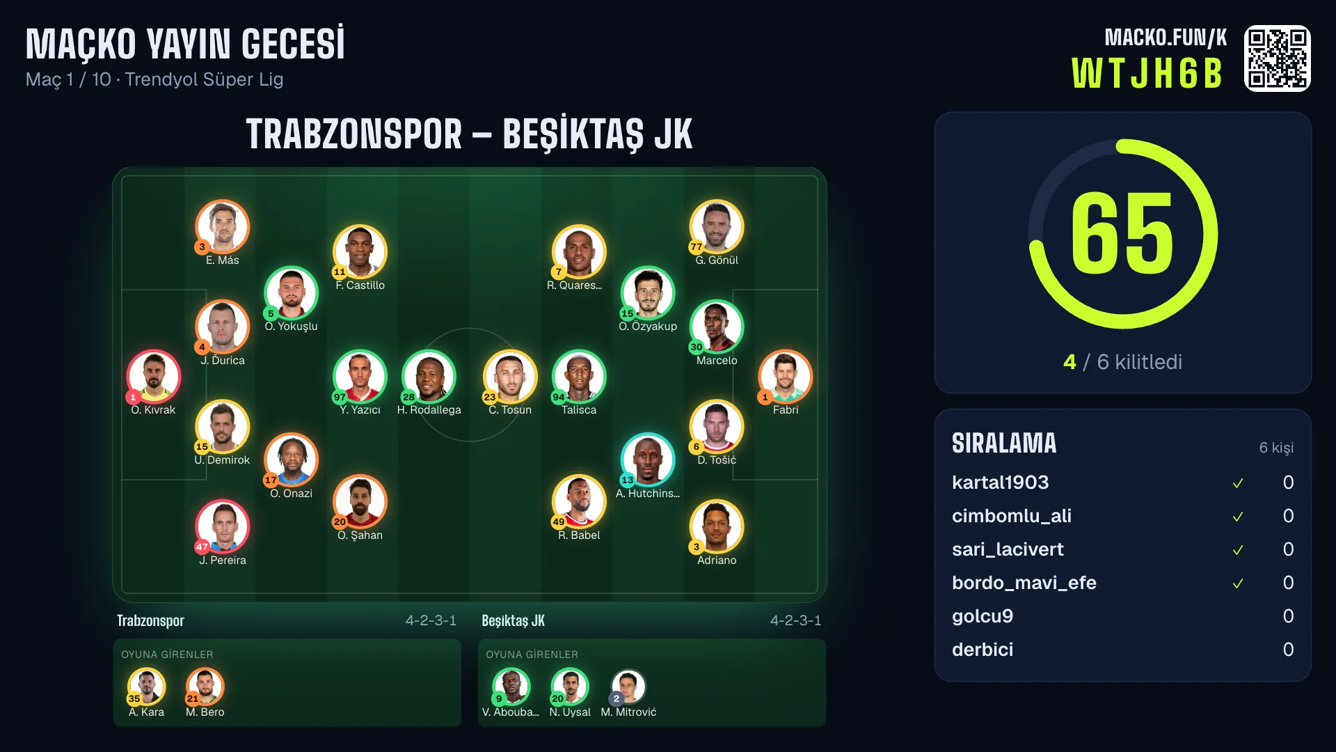 Yayın ekranı: Trabzonspor – Beşiktaş maçının ilk 11'leri sahada, sağda geri sayım ve canlı sıralama, üstte katılım kodu ve QR
